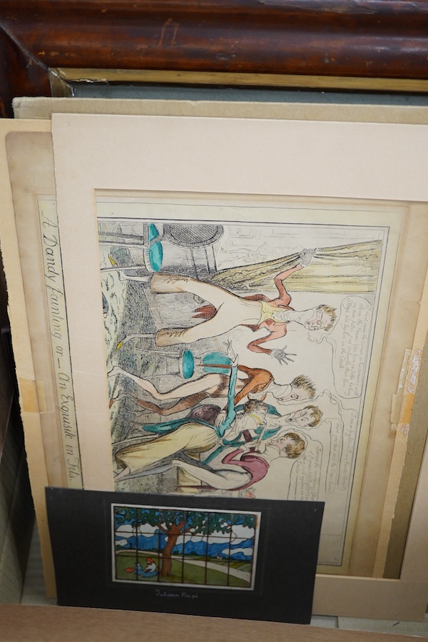 A collection of prints and watercolours to include after John Macwhirter, ‘The incessant roar of headlong tumbling floods’, and After Cruikshank, ‘A Dandy fainting or an exquisite in fits’ and a watercolour inscribed Joh